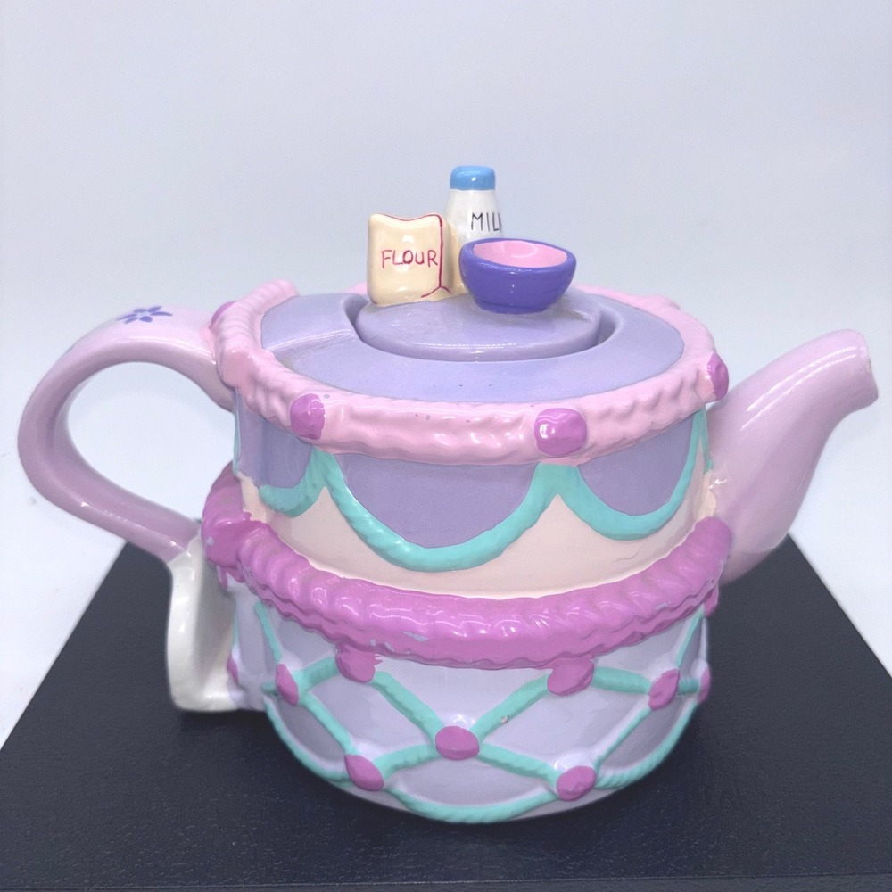 Vintage 90s Russ Berrie Purple Birthday Cake Baking Kitsch 15597 Ceramic Teapot